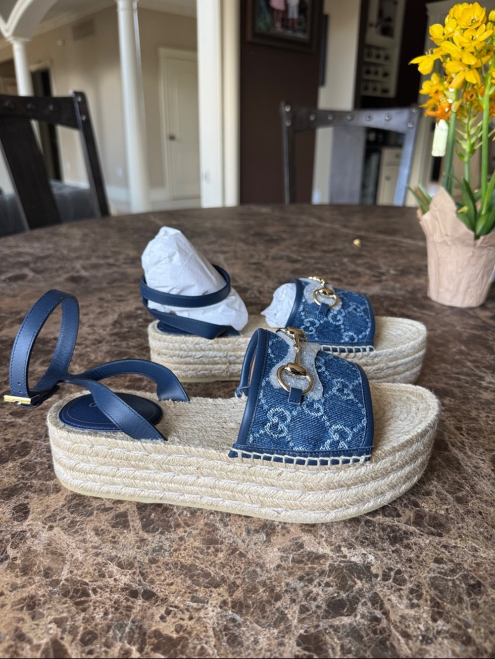 Gucci denim azure blue wedge logo espadrille sandal sz 39